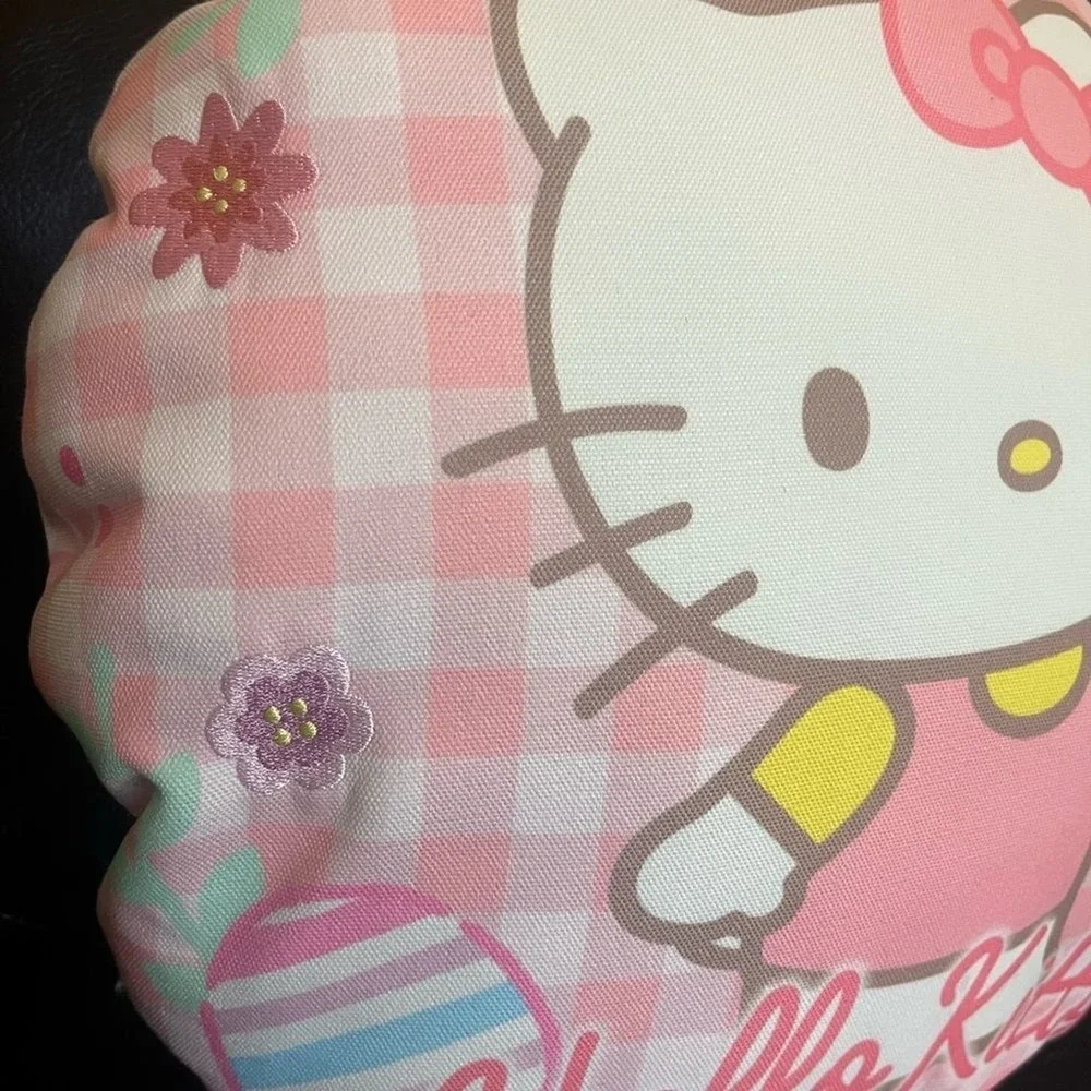 Hello Kitty Pink and White Plaid Cushion Pillow Easter Eggs Embroidered Flowers